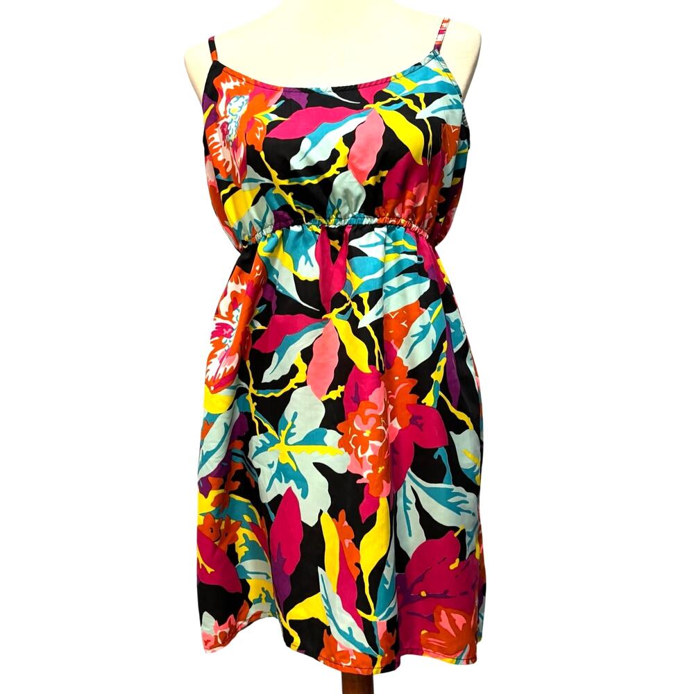VTG Roxy Tropical Floral Spaghetti Strap Sundress Mini Summer Colorful Beach Y2K
